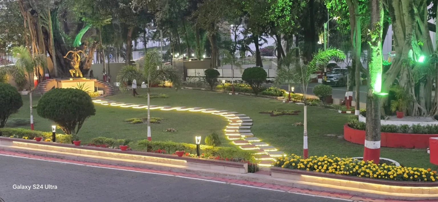 Garden landscape with lawns and illuminated paths