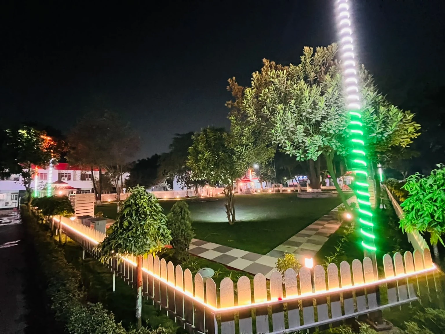 A night garden with warm-lit white fencing, a lawn and an illuminated palm.