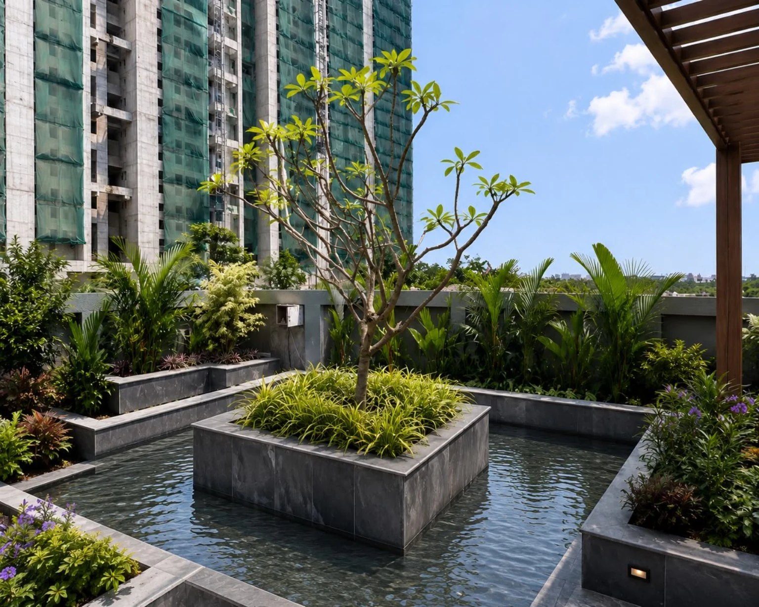 Stone planters and water features set within a landscaped courtyard